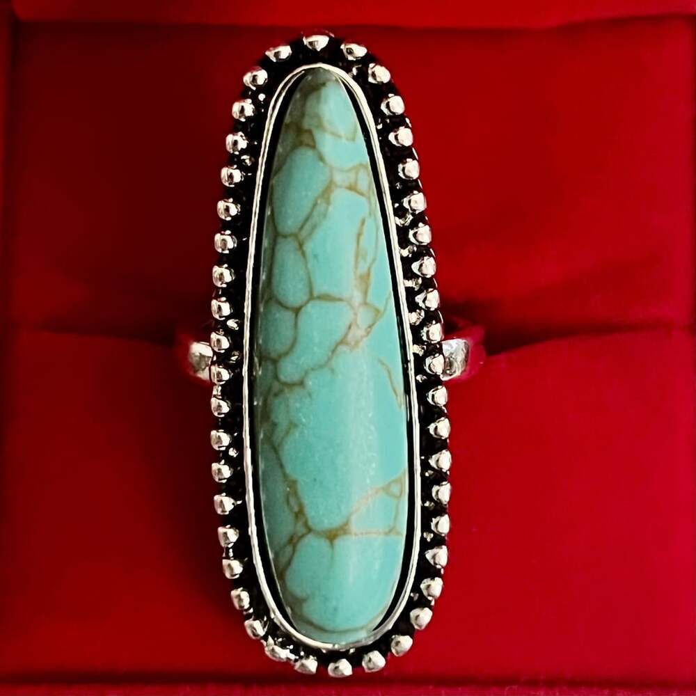 Artisan Boho Long Turquoise Teardrop Statement Ring Size 6